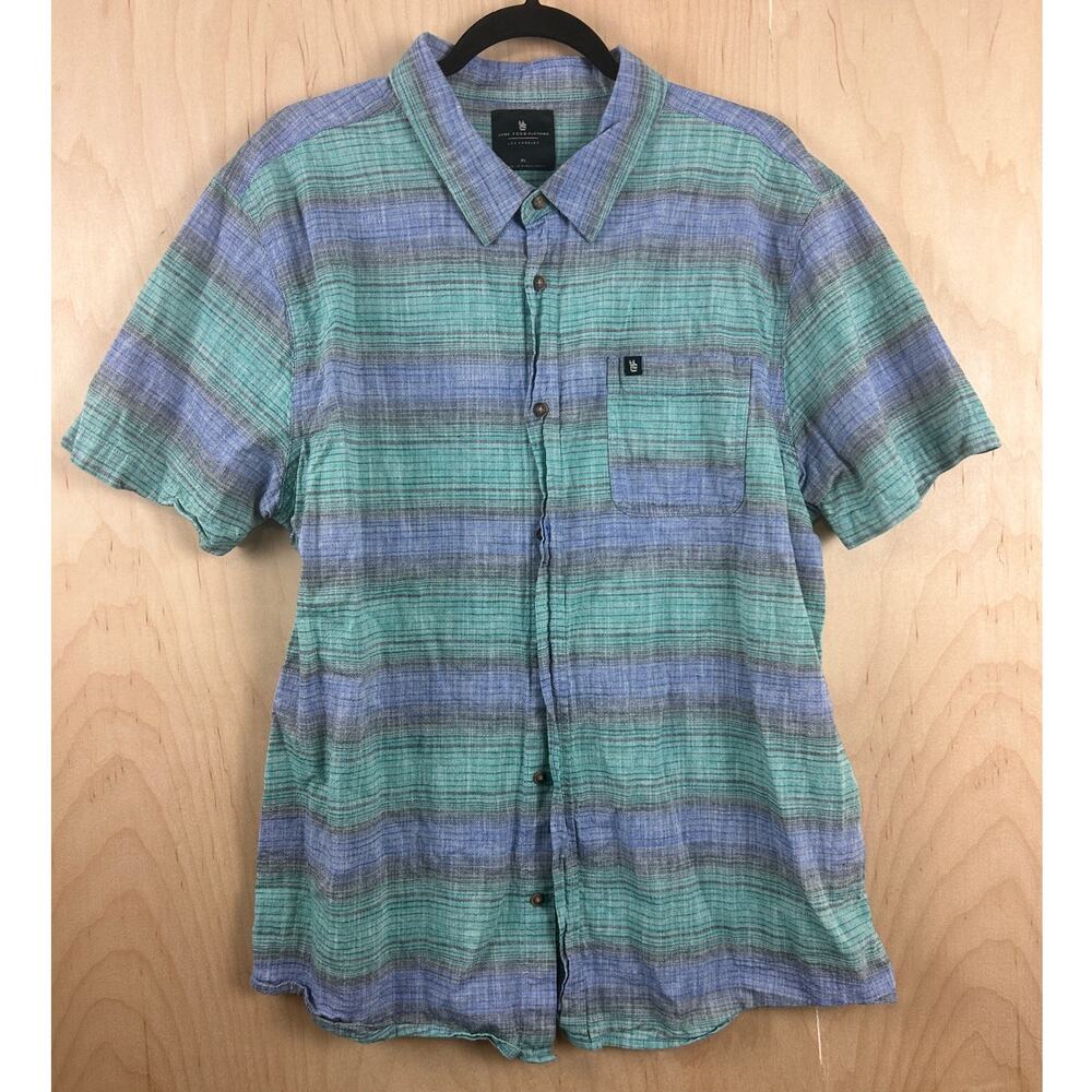 Junk Food Clothing Mens XL Blue Green Striped Short Sleeve Button Up Shirt